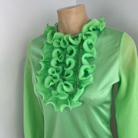 Vintage Young Con tempos Womens XS S Green Regal Ruffled Blouse Shirt Frill - Picture 4 of 16